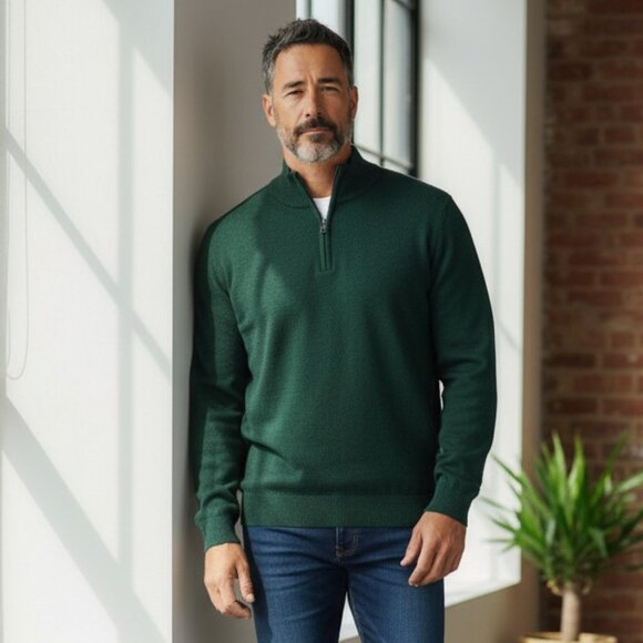 Lands End Cashmere Sweater Forest Green Quarter Zip XL Tall Long Holiday - Picture 1 of 11